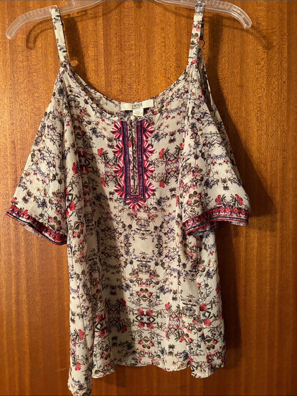 Floral Cream Cold-Shoulder Blouse with Pink Embroidered Placket